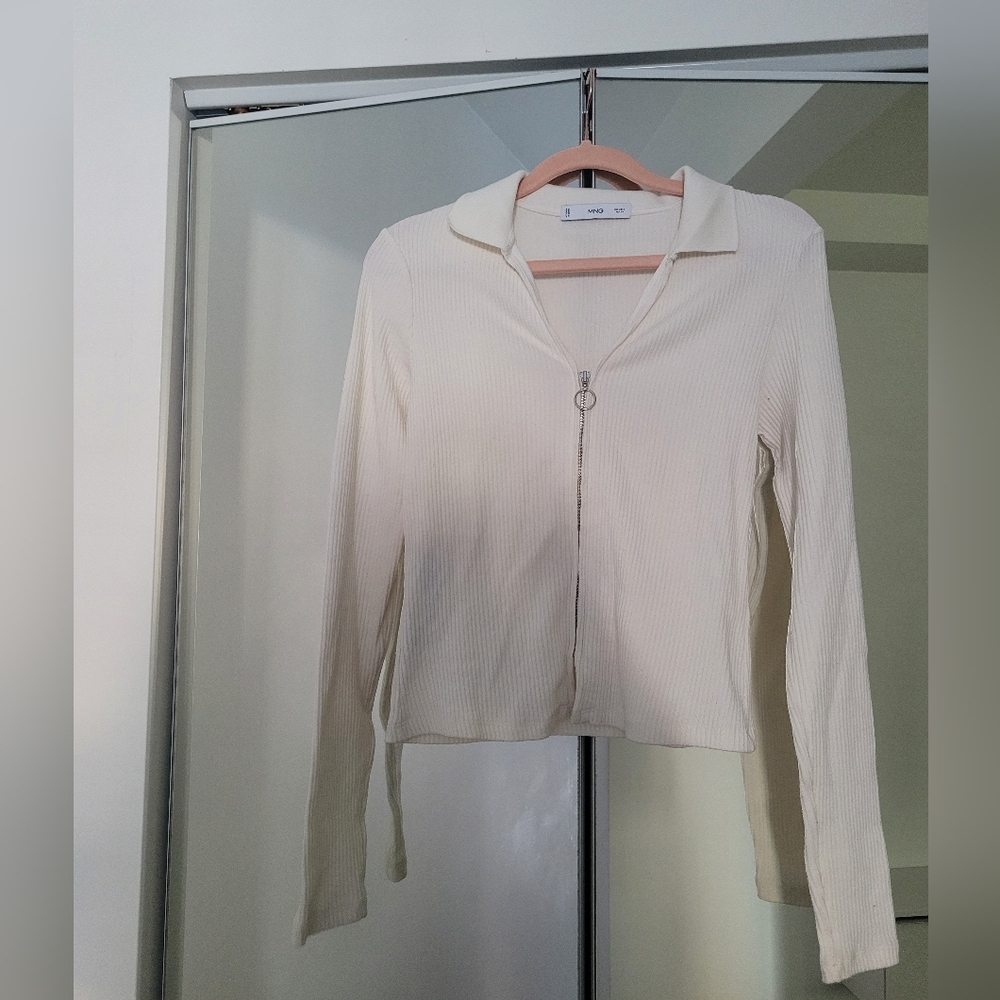 Mango White Ribbed Zip-Up Top